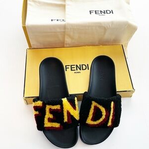Fendi Black Shearling Vocabulary Pool Slides MENS 7 women 10 spell out logo